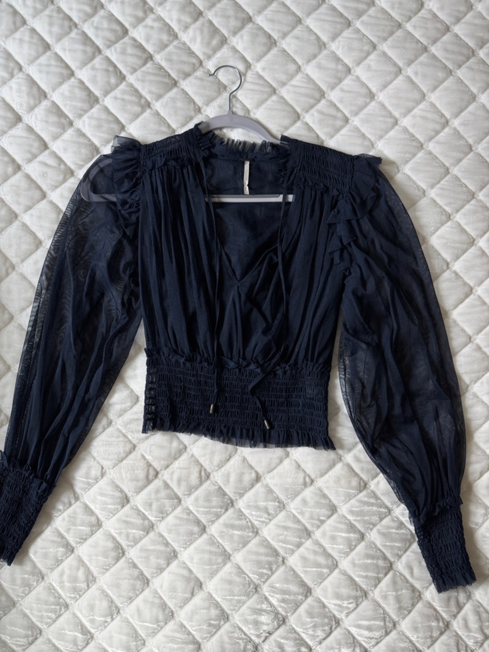 Free People Boho Navy Sheer Smocked Waist Puff-Sleeve Blouse